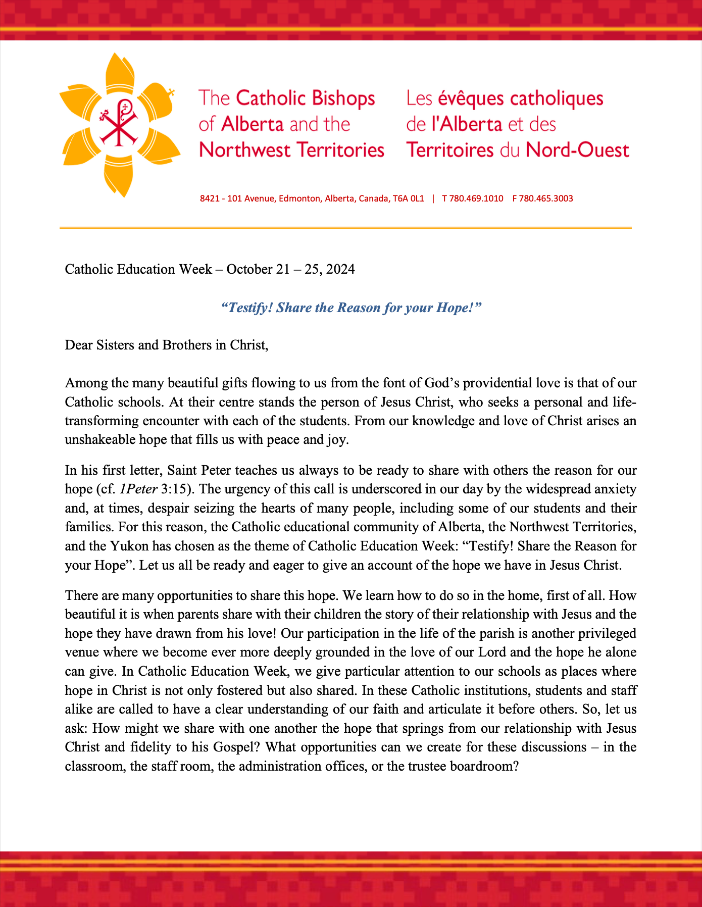 Catholic Education Week Letter